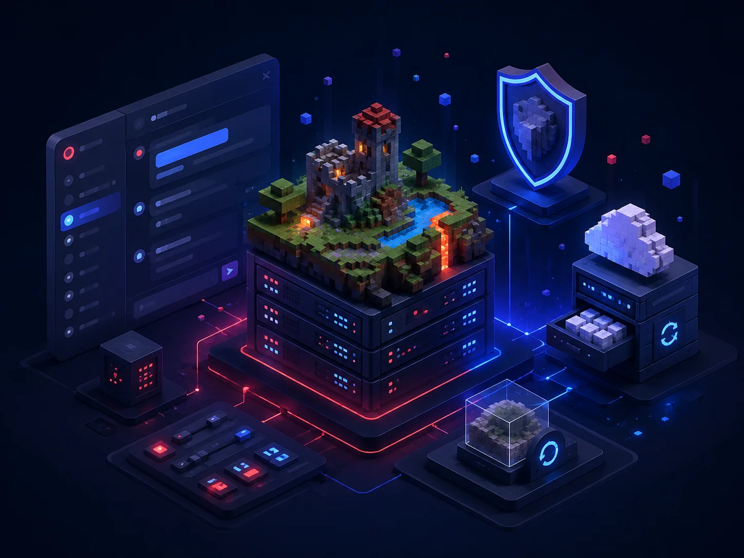 Abstrakte Darstellung der ClearInStyle Hosting-Plattform mit Servern, Schutz und Minecraft-Welt